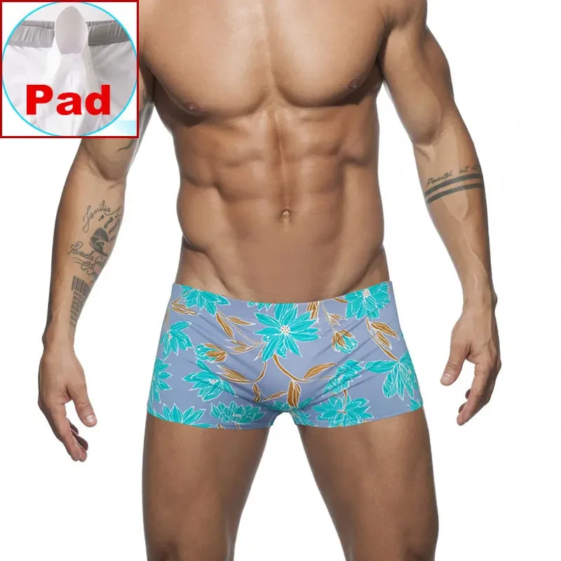 Men Swim Briefs Boxer Beach Shorts Mens Leaf Print Swimwear Beachwear Swimming Trunks Bathing Suit Male Swimsuits Gay Man Jammer