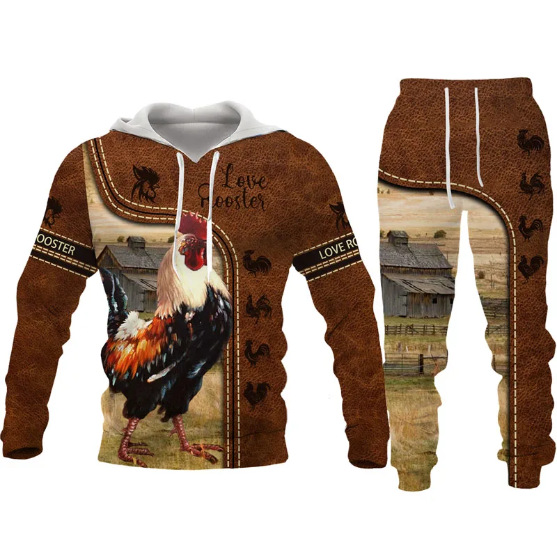 Autumn Winter Men Women Rooster Hoodie Set Fashion Clothing Male Retro Hooded Coat Pullover Casual Tracksuit Stylish Streetwear