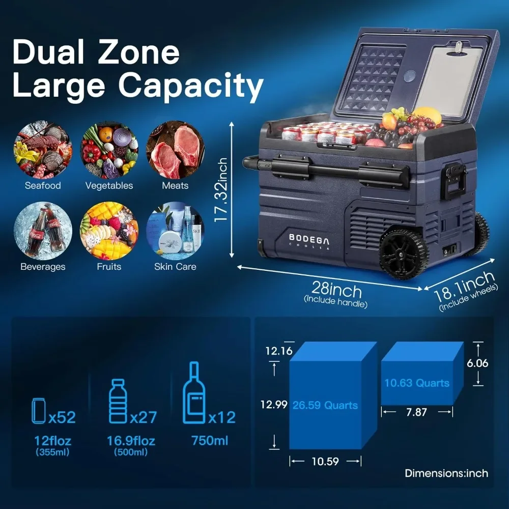 Dual Zone App Controle Car Refrigerador, geladeira RV, freezer portátil, 12 volts, 37 quartos, 35L, 12 V, 24V DC, 100-240V AC