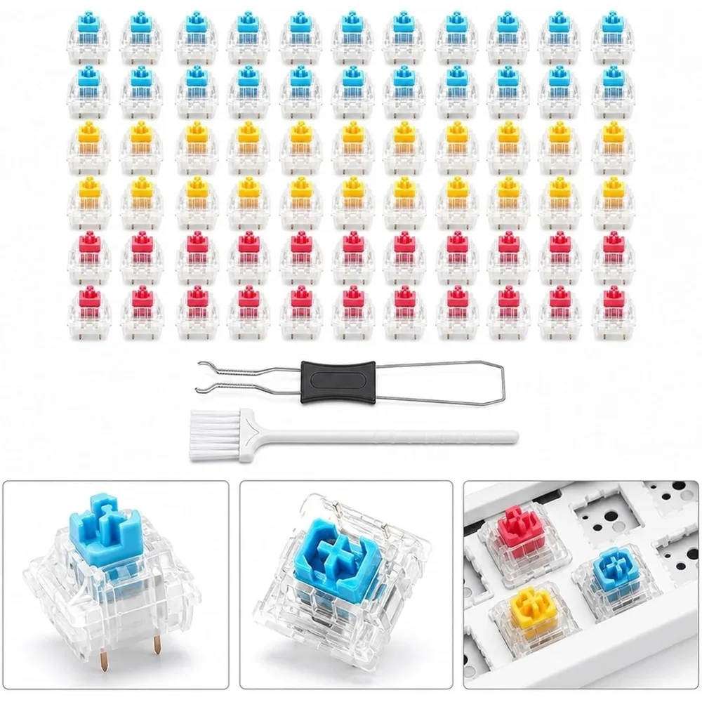 ABUO-60 PCS Keyboard Clickers Set With Tweezers And Brush, Clickers For 3D Printing, Keyboard Switches Blue +Yellow +Red
