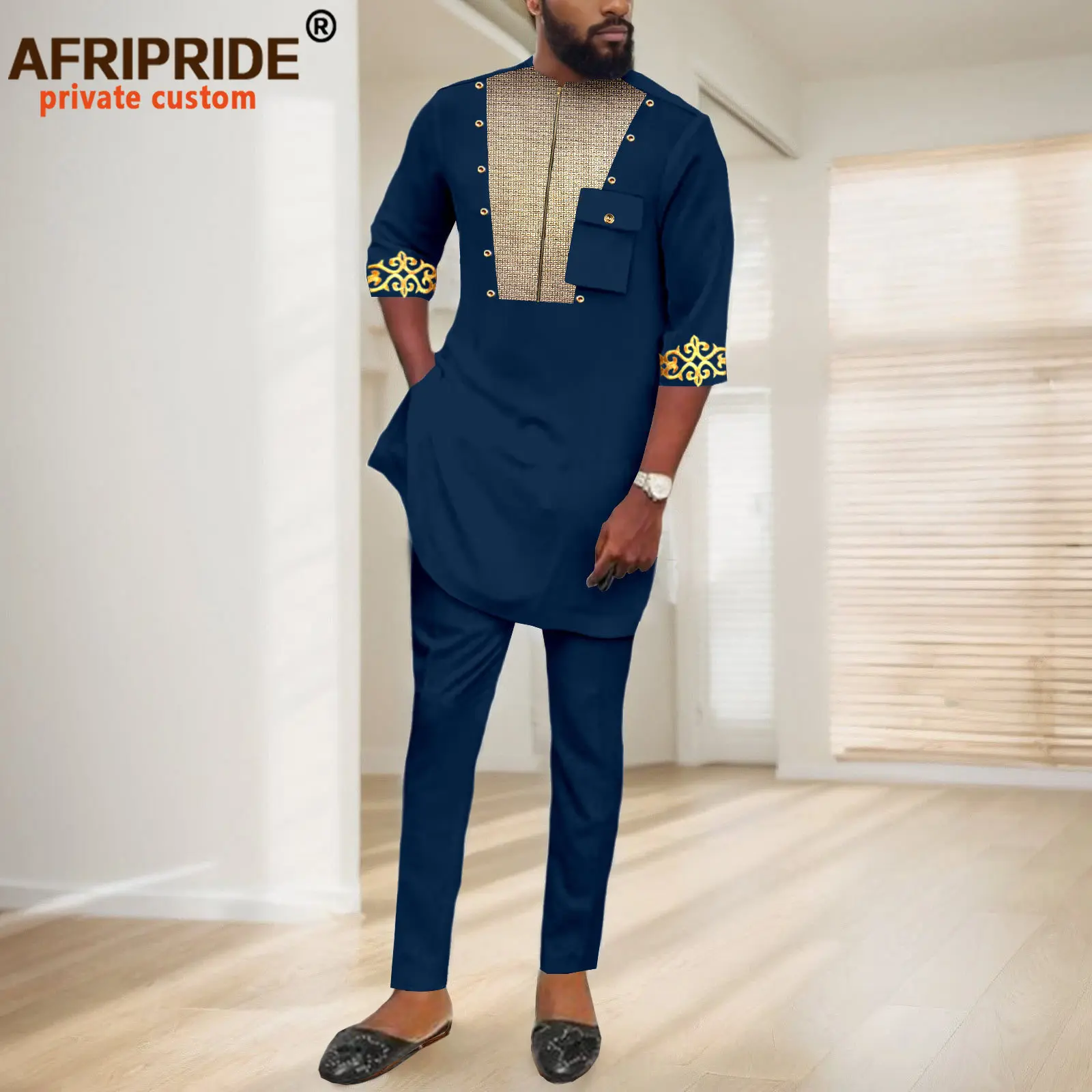 Mens 2 Piece Set Embroidery Traditional Suit Floral Printed Mens African Dashiki Shirt and Pants Outfit African Clothes 2416092