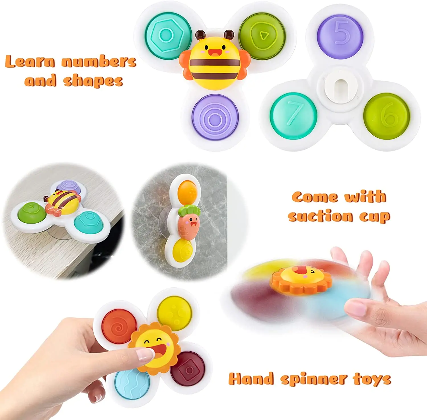 3Pcs Novelty Fidget Suction Cup Spinner Toy For Baby Cartoon Insect Rotating Rattle Educational Baby Games Bath Toys For Childre