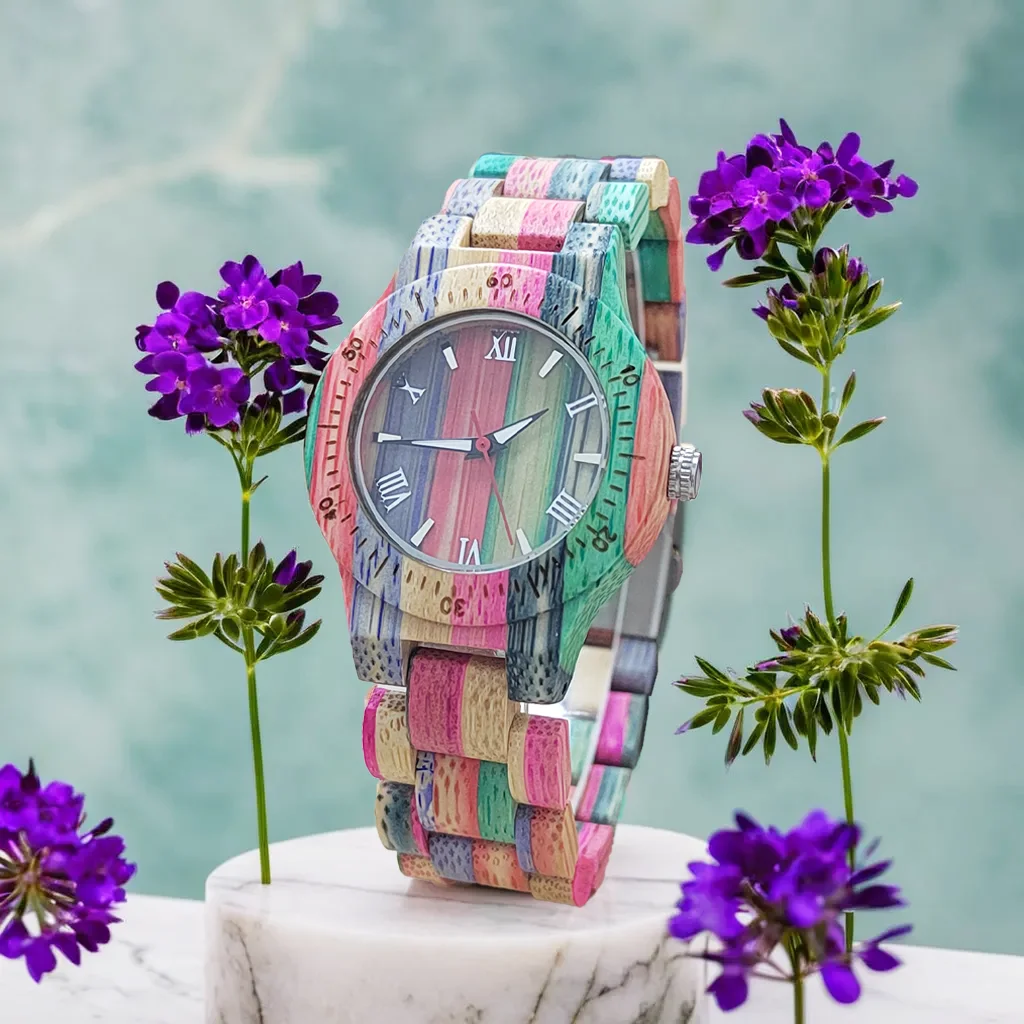 

Women Watch Elegant Colorful Bamboo Wooden Watches Fashionable Color Band Clock Quartz Wood Wristwatches Woman Gifts for Lovers