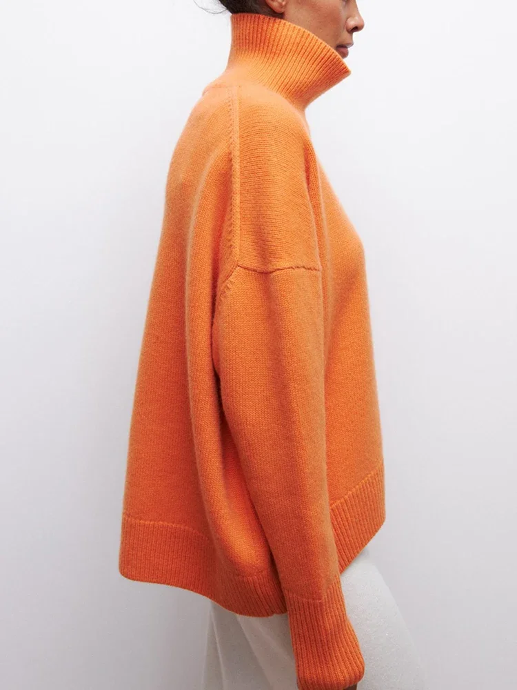 Candy Color Women\'s Turtleneck Oversized Sweater 2024 Autumn Orange Soft Thick Knitted Pullovers for Women Jumpers with Sleeve