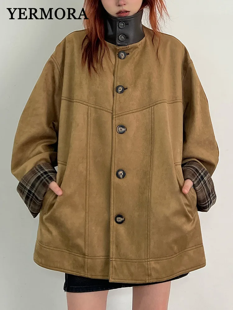 

YERMORA Brown Button Spliced Leather Vintage Jacket For Women Stand Collar Long Sleeve Loose New Coat Fashion Tide Autumn Winter