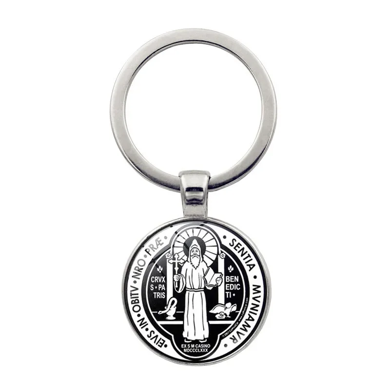 Saint Benedict Pendant Keychain Catholic San Benito Glass Dome Handmade Keyring for Men Women