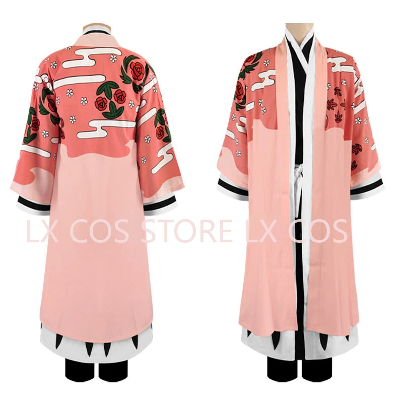 Anime Kyoraku Shunsui Cosplay Costume Thousand-Year Blood War Pink Kimono Black Shinigami Attire Outfit  Cloak Shoes Set