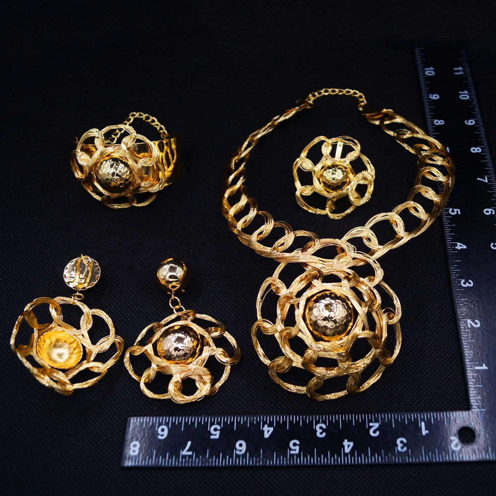 Luxury 24K Gold Plated Wire Flower Jewelry Set African Dubai Statement Necklace Bracelet Earrings Ring for Women