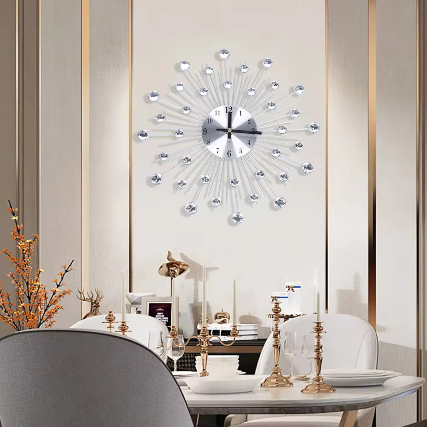 Silver Color Wall Clock  Living Room Decor Modern Big Crystal Non-Ticking Quiet Wall Clocks Decorations  Kitchen Office