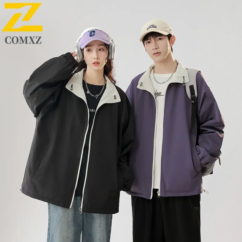 

COMXZ 2025 Men Reversible Jacket Youth Fashion Loose Fit Stand Collar Lightweight Casual Coat Two Sides Wear