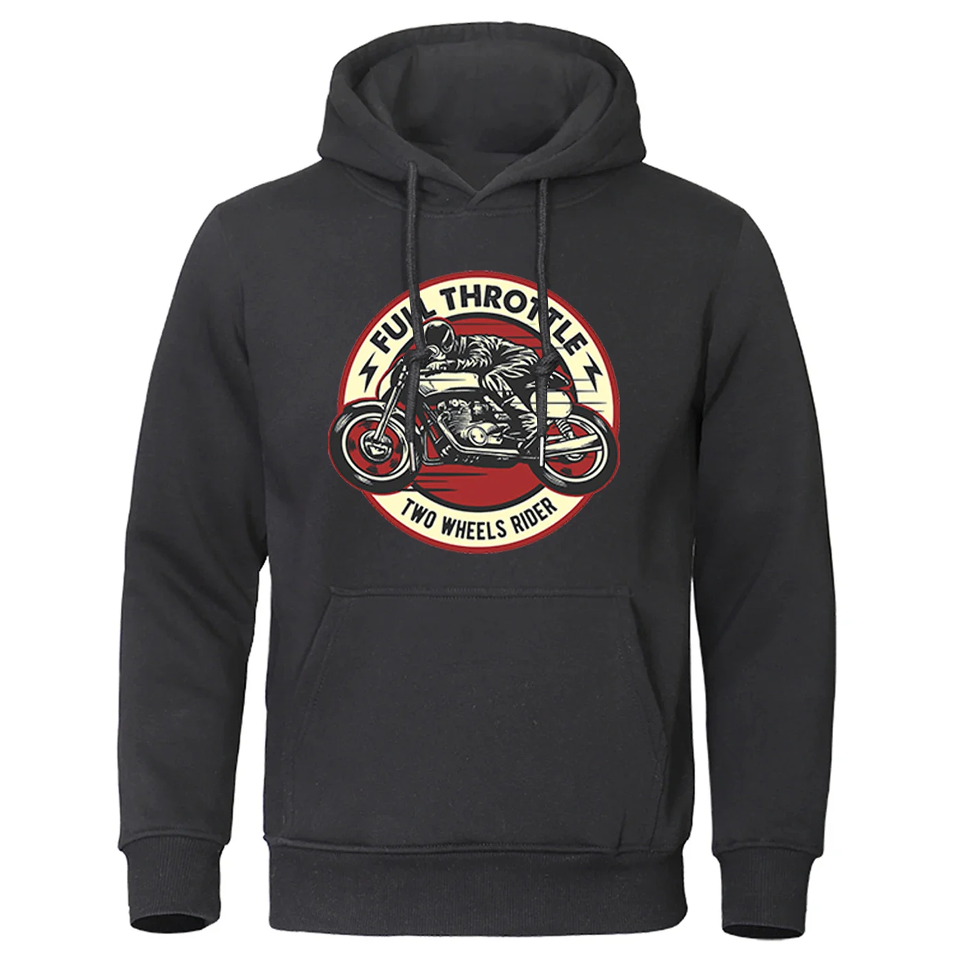 

2025 Spring And Autumn Men's Full Throttle Cafe Racer Rockabilly Biker Logo Print Solid Color Hoodies Round Neck Hooded Coat