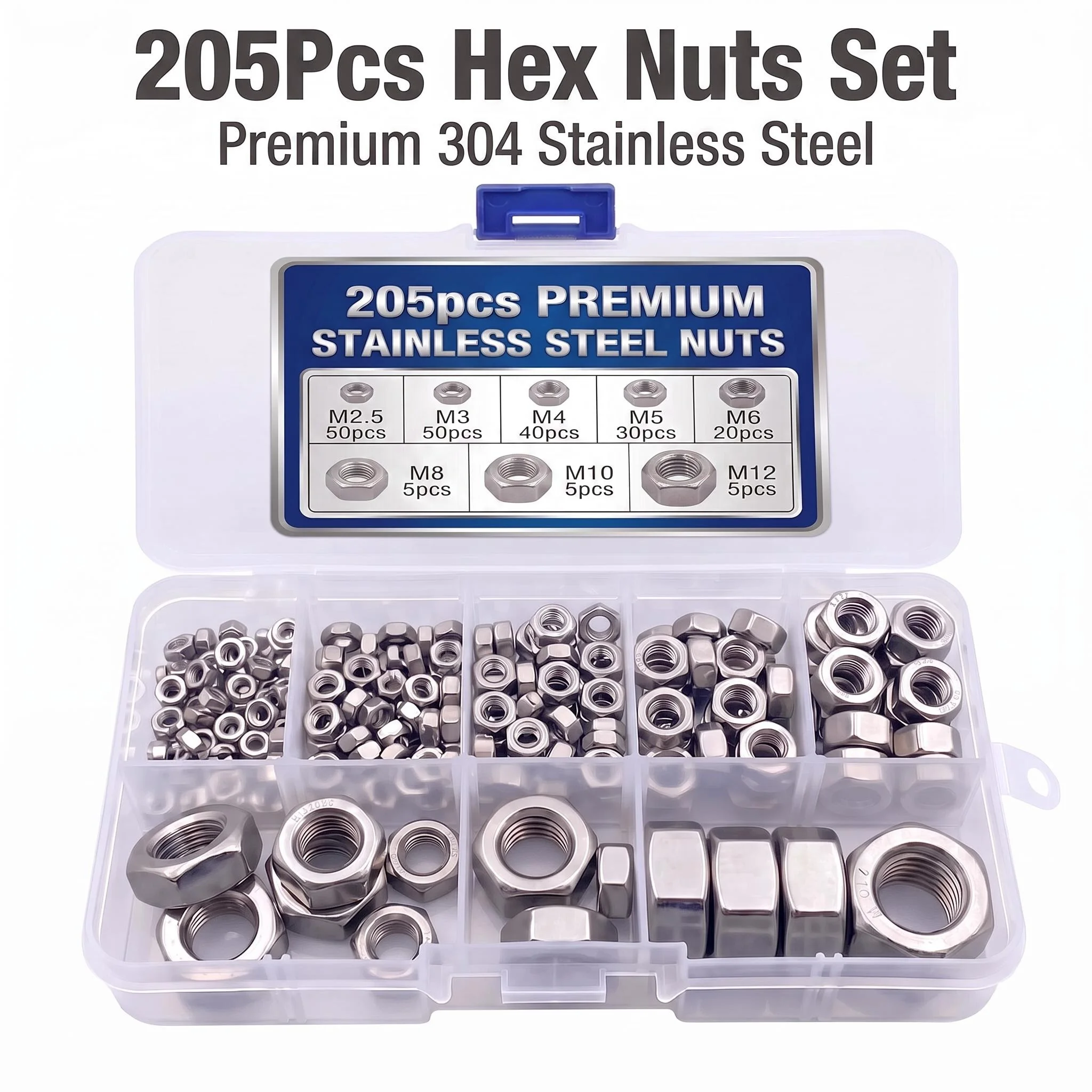 304 Stainless Steel Hex Nuts Assortment Kit A2-70 205pcs M2-M12 Set for Screws & Bolts - Hardware Nuts Collection