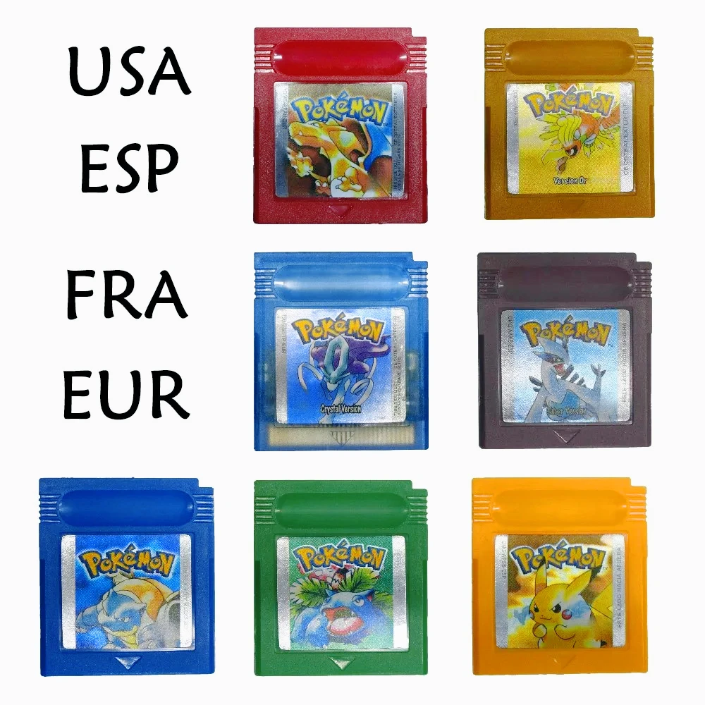 Cartucho de juego GBC de 6 piezas/7 piezas, juego retro Pokémon Oro/Plata/Cristal/Amarillo/Verde/Rojo/Azul, Idioma: En, Fr, De, Es, It