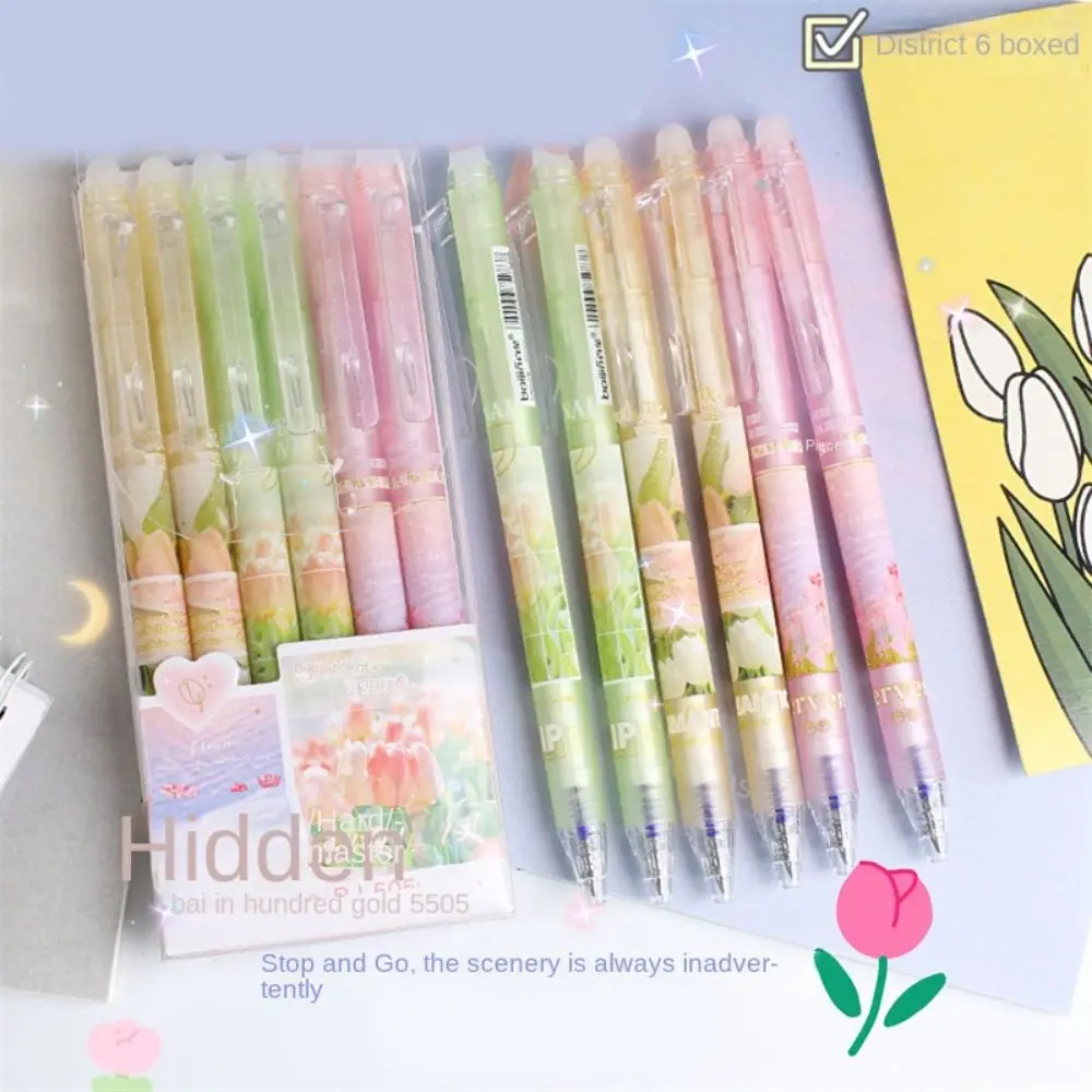 6pcs Purple Tulip Erasable Gel Pens Gel Pens With Erasers Korean Stationery Students Girl Gift School Office Supplies