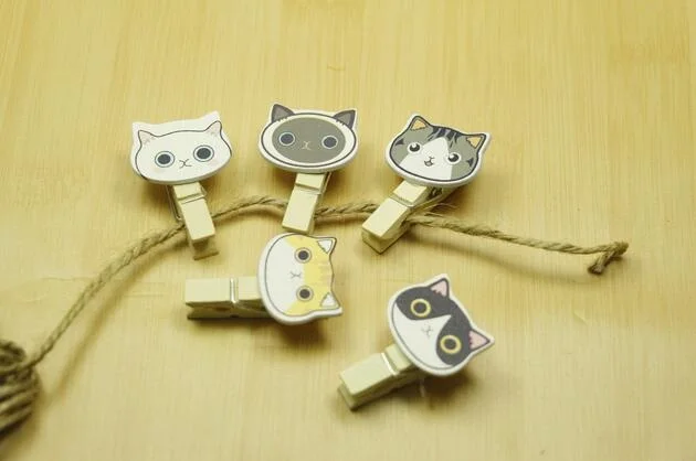 10pcs Cute Cat Mini Wooden Clip Cartoon Paper Clips DIY Photo Clips Decorative Child Gift