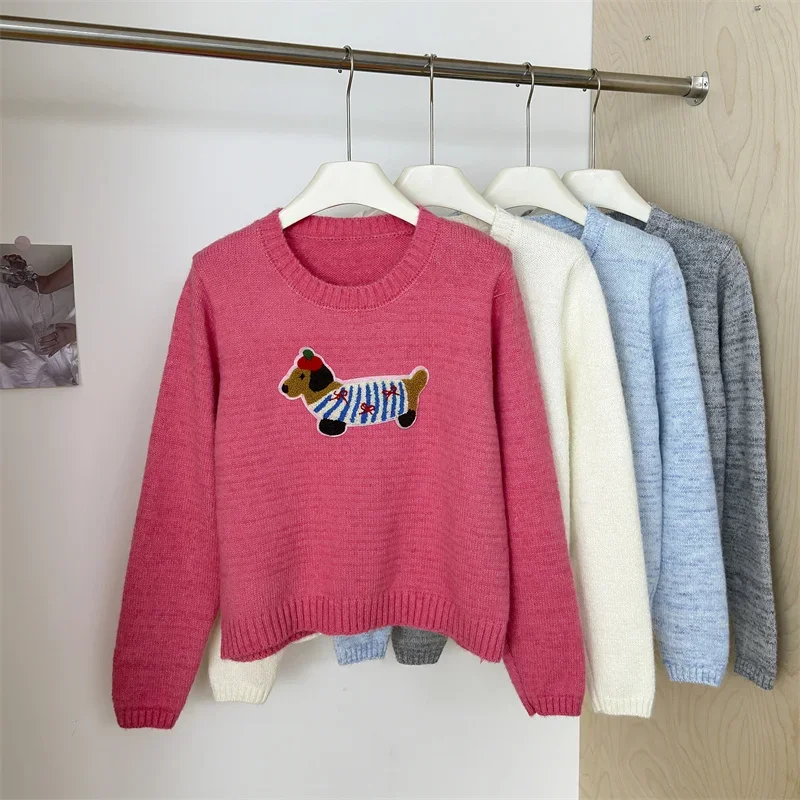 2024 New Autumn Winter Women Loose Fit Pullover Sweater High Quality Cute Cartoon Sausage Dog Appliques Knitted Sweater