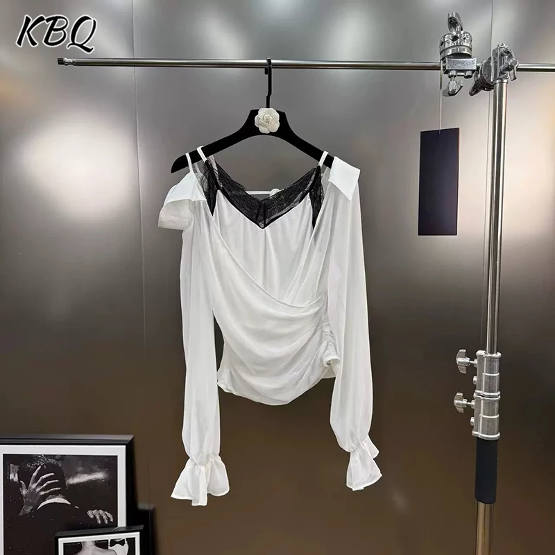 

KBQ Solid Lace Spliced Folds Chic Shirt for Women V Neck Long Sleeve Sexy Two Piece Set Stacked Blouse Female Winter Fashion New