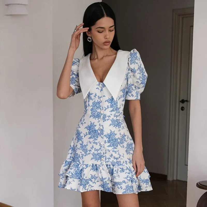 

Talenza Elegant Ruffle Mini Dress Women Fashion Puff Sleeves Contrast Lapel New Dress Summer Party Women's Casual Dress Vestidos