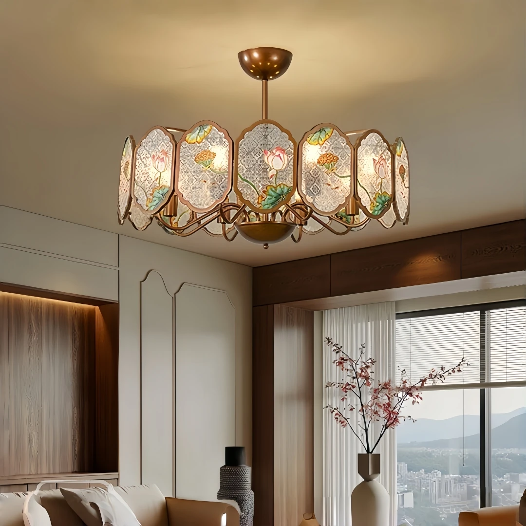 Vintage Lotus Floral Acrylic Chandelier for Living Dining Room New Chinese Oriental Retro Copper Frame Ceiling Hanging Decor