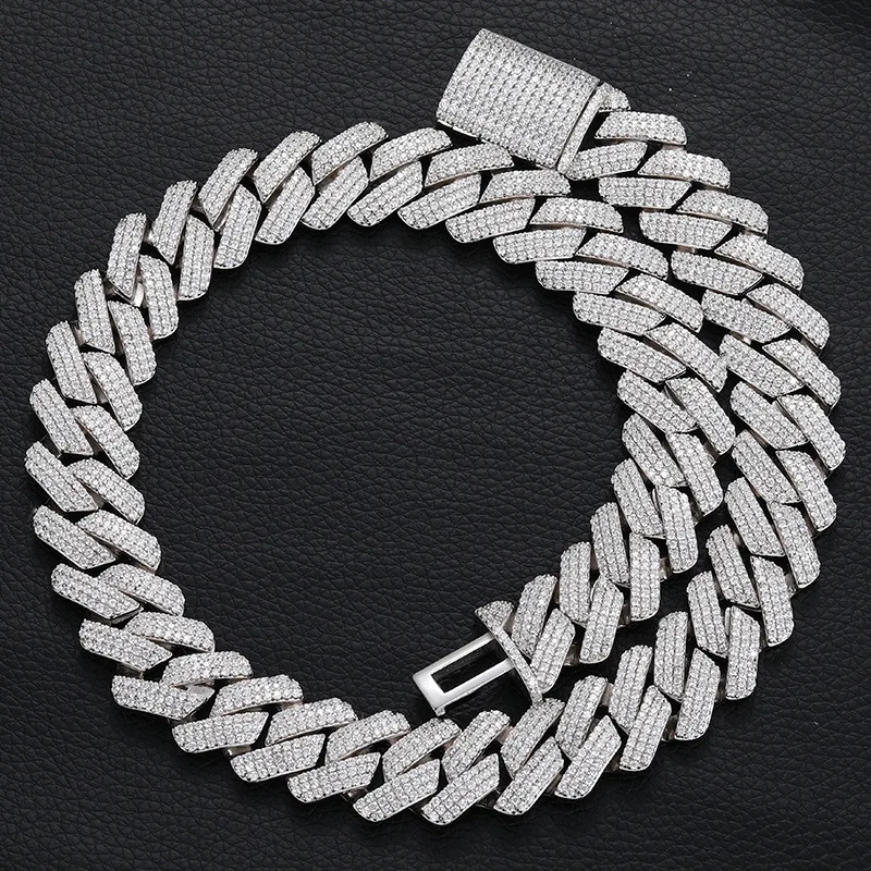 S925 sterling silver high-quality three-row Mosonite 20MM diamond Cuban chain hip-hop trend necklace jewelry