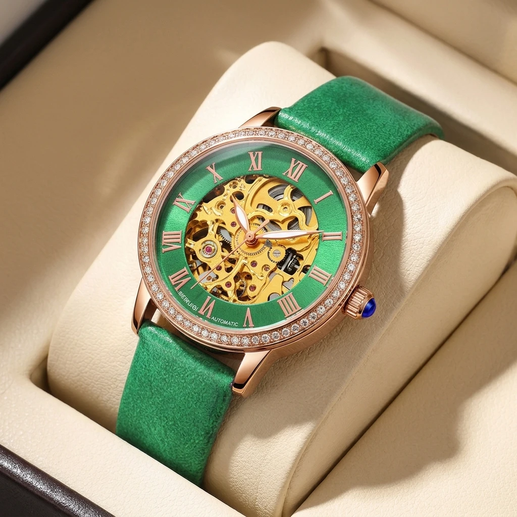 1pc Women's Fashion Hollow Mechanical Watch with Green Strap, Rose Gold Case, Roman Numerals and Shiny Trim