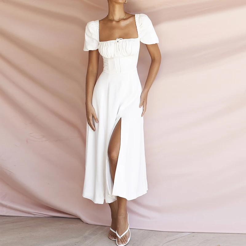 MSMUSI 2024 Nowa moda damska Sexy White Sweet Style Lace Up Slit Short Sleeve A-Line Slim Party Club Midi Dress Event Vestidos