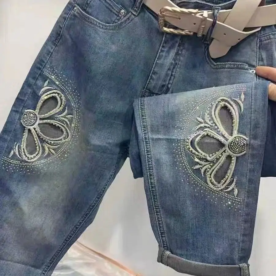 Shiny Diamond Embroidery Hollow-Out Jeans High-Waisted Slim Fashion All-Match Harem Pants Summer Lightweight Crop Length Jeans