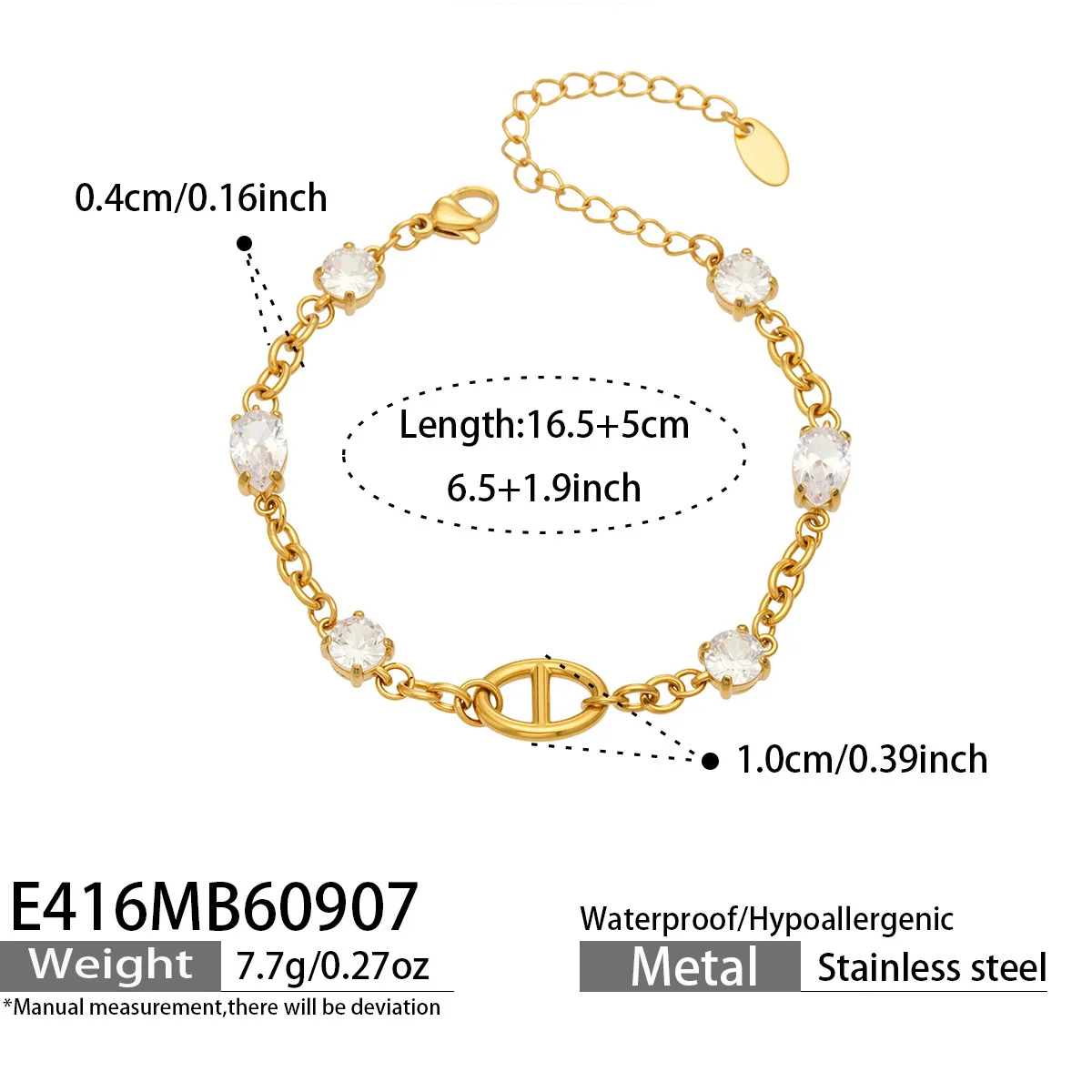 Zierliches Edelstahl-Kettenarmband, 18k vergoldete Armbänder, Schweinsnase-Charm-Armband, farbige Zirkon-Armbänder für Damen – Detail 7