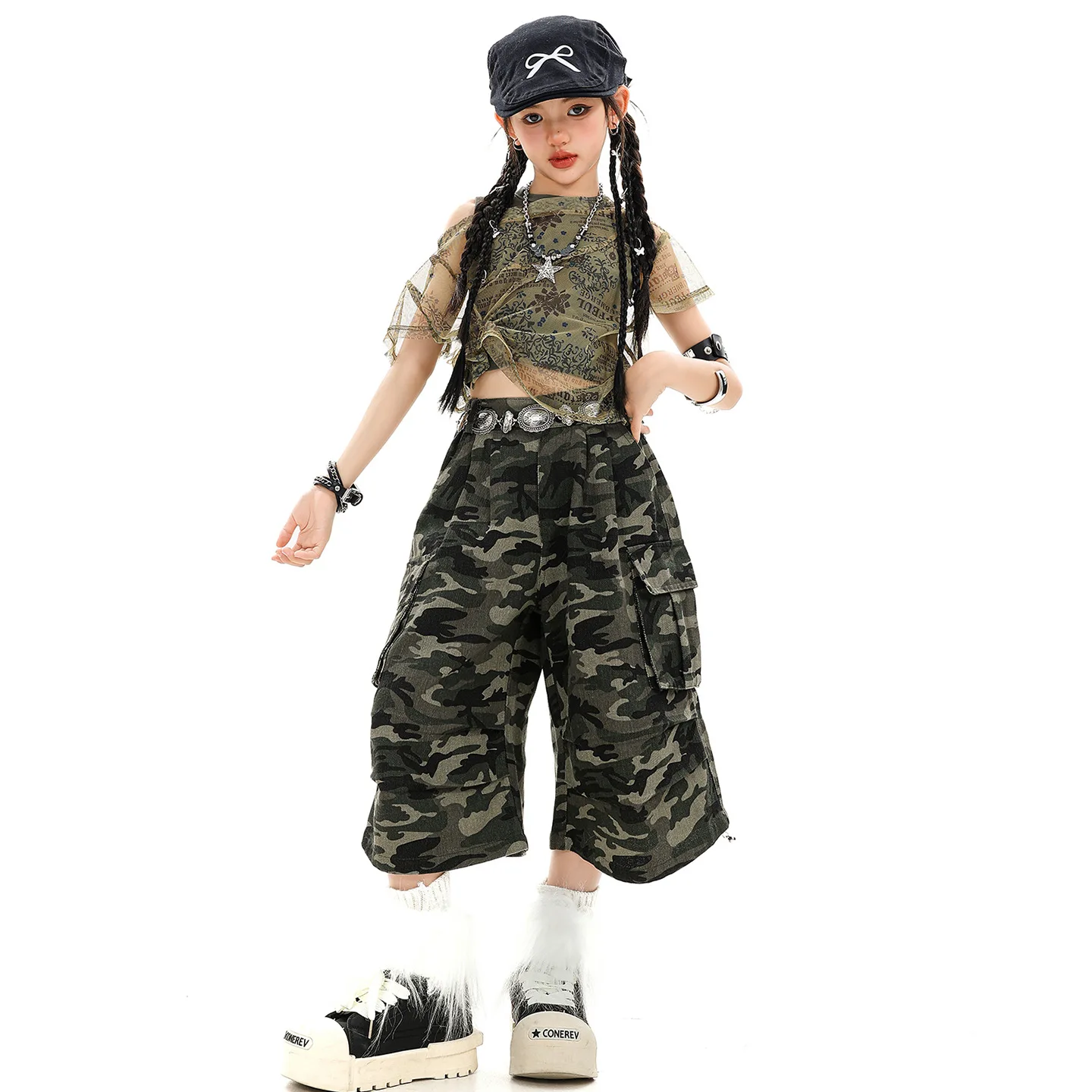 Kid Hip Hop Clothing Print Mesh Smock Crop T Shirt Army Green Tank Camo Cargo Shorts Middle Pants for Girl Dance Costume Clothes