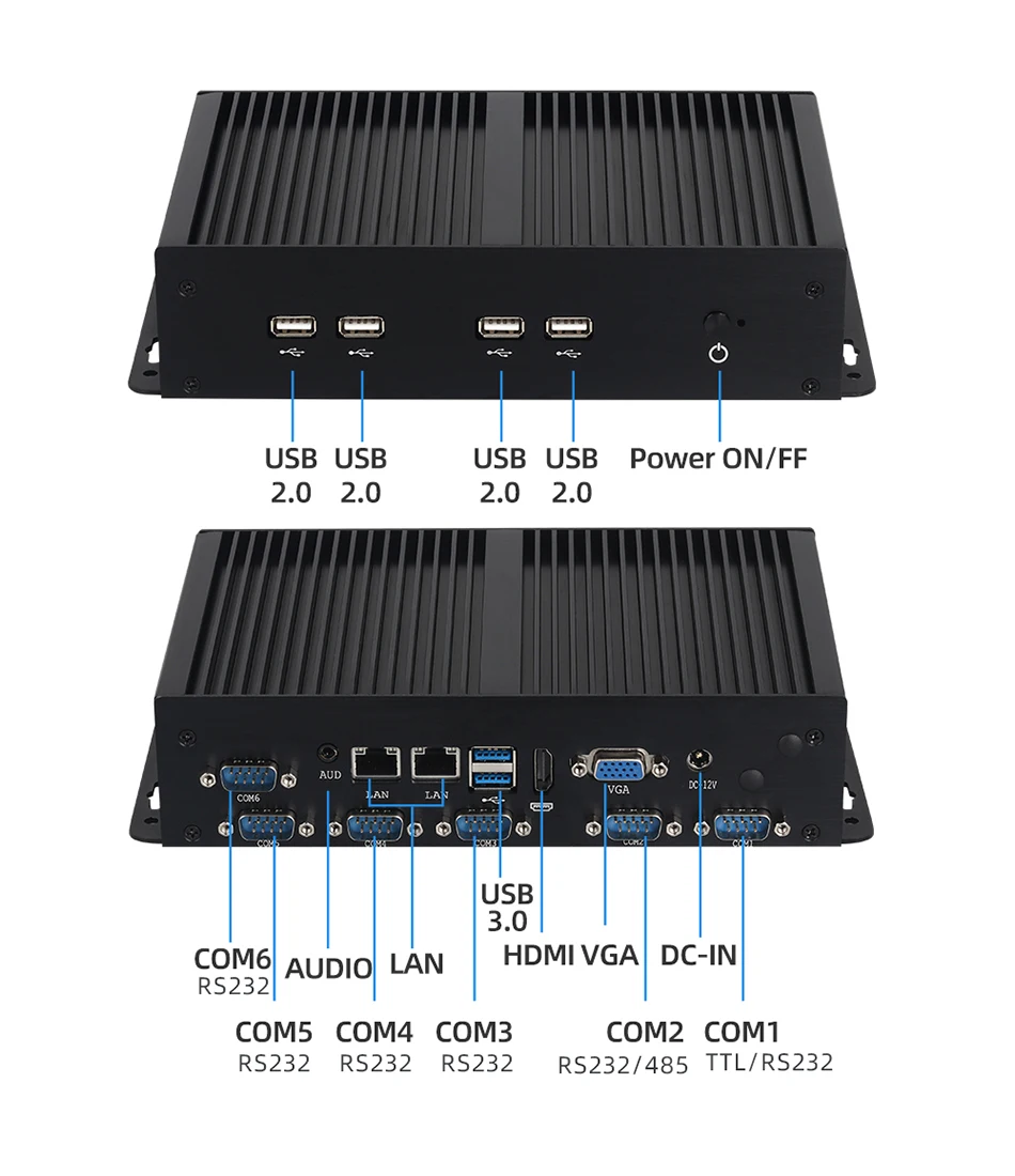 كمبيوتر صغير صناعي بدون مروحة ، ، 6x COM ، RS232 ، TTL ، 2x LAN ، 6x USB ، HDMI ، VGA ، LVDS ، WiFi ، 4G ، LTE ، Sim ، 12V-24V الإدخال ، Win11 Ubuntu