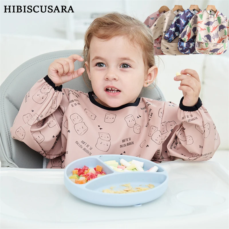 

Easy Wear Long Sleeved Bib Baby Toddler Soft PU Bibs Painting Waterproof Meals Protection Washable Easy Clean Smock for Children