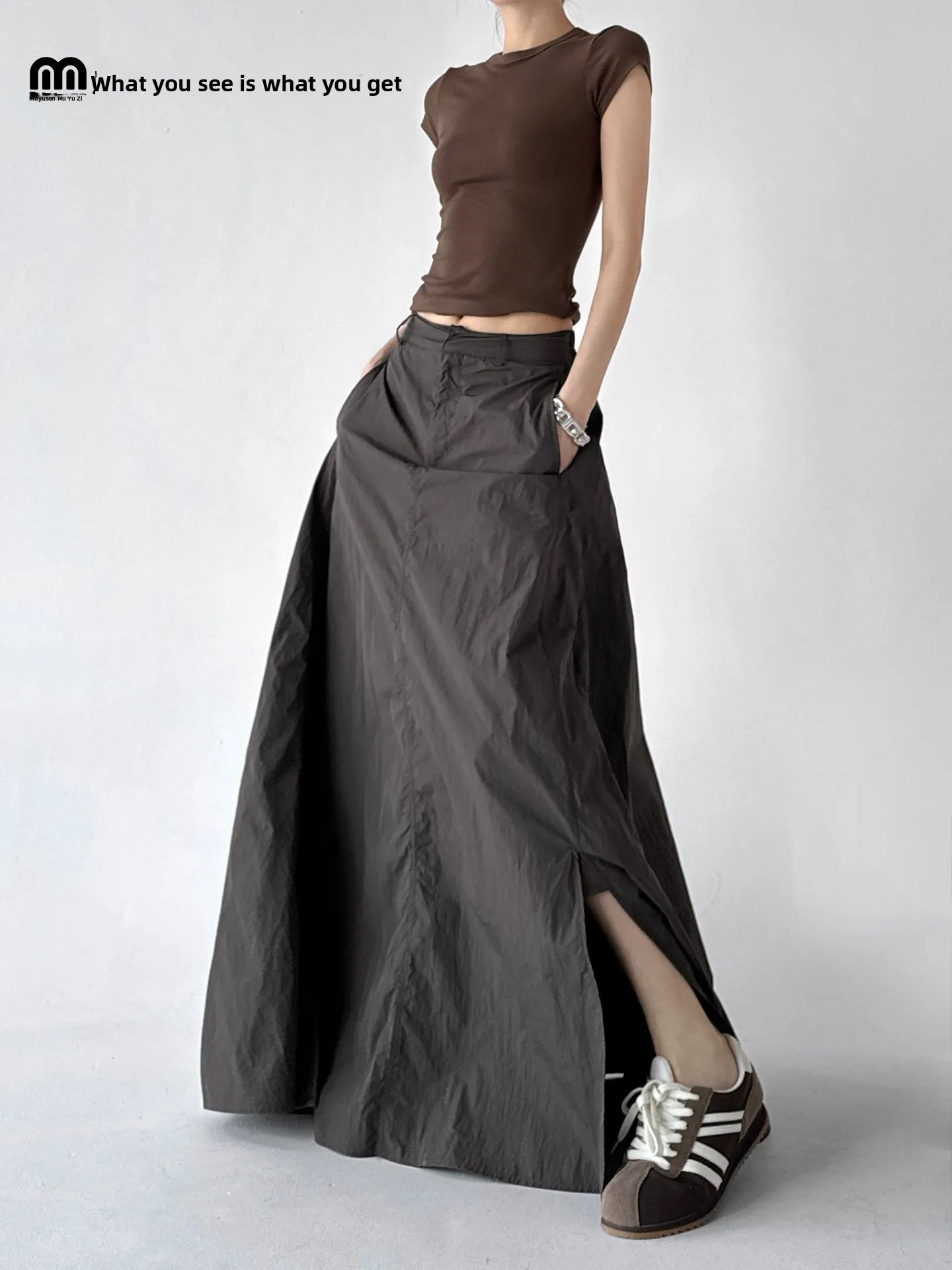 

High Waist A-Line Midi Skirt Women's Long Folded Design Slimming Bodycon Skirts Casual Workwear Style Nylon Fabric