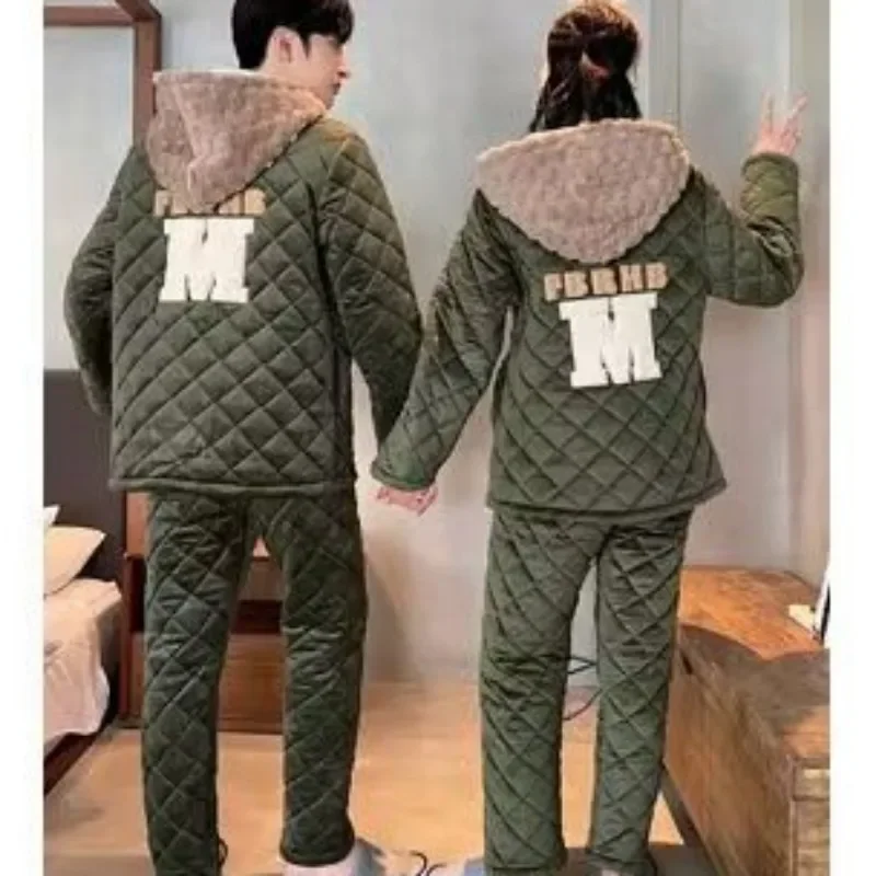 Couple Pajamas Women Winter Three Layers Cotton Coral Velvet Plush Nighty Thickening Warmth Men Home Wear Two-piece Set Outdoor