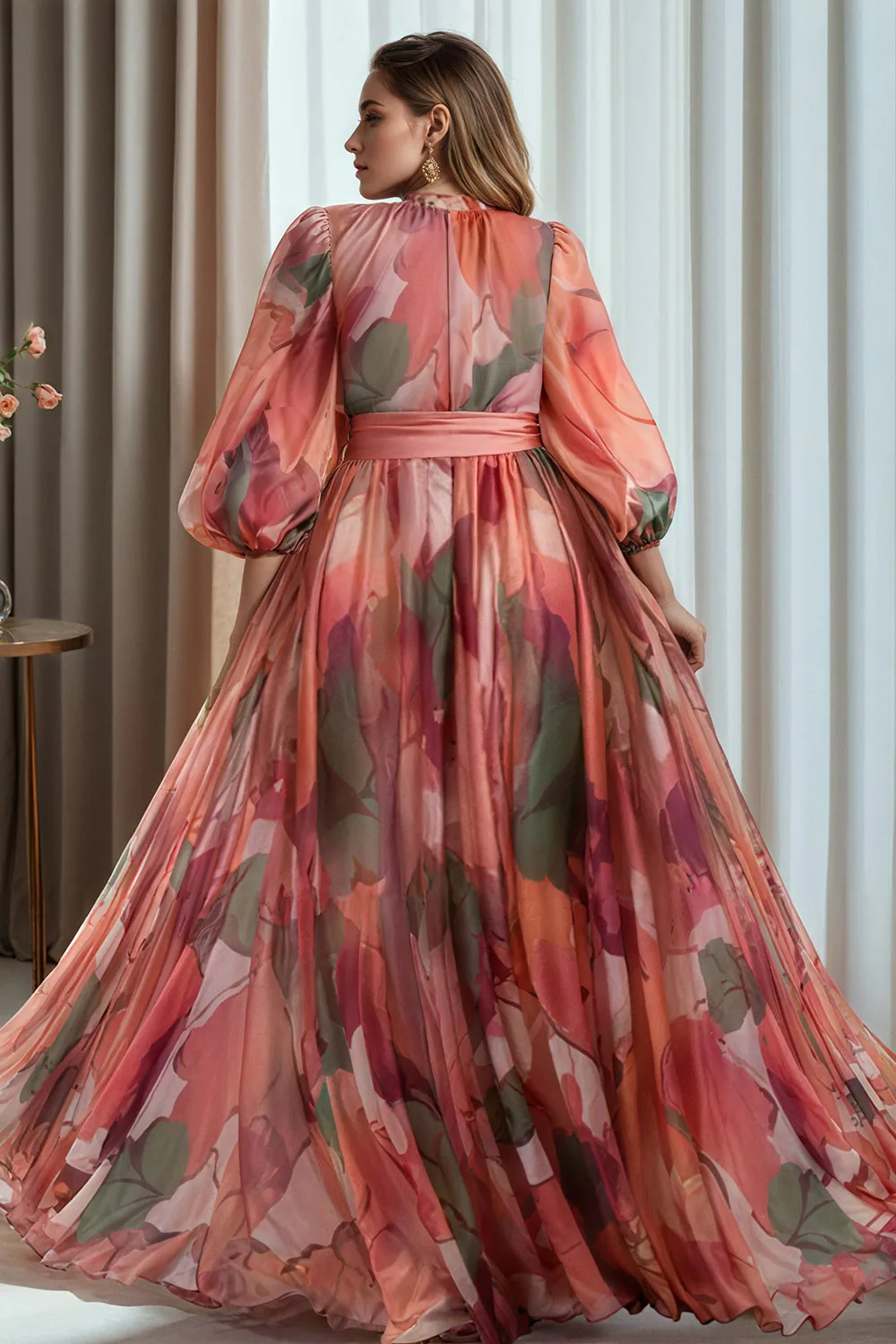 بالإضافة إلى حجم ضيف حفل زفاف متعدد الألوان الأزهار جولة الرقبة فانوس كم طويل الأكمام مطوي فساتين ماكسي الشيفون