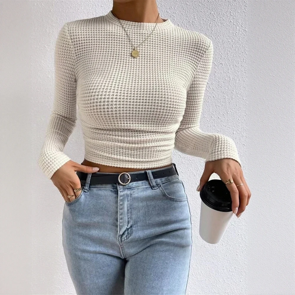 

Женские футболки, осенне-зимние удобные шикарные 2025 элегантные стильные однотонные повседневные футболки с длинным рукавом и круглым вырезом