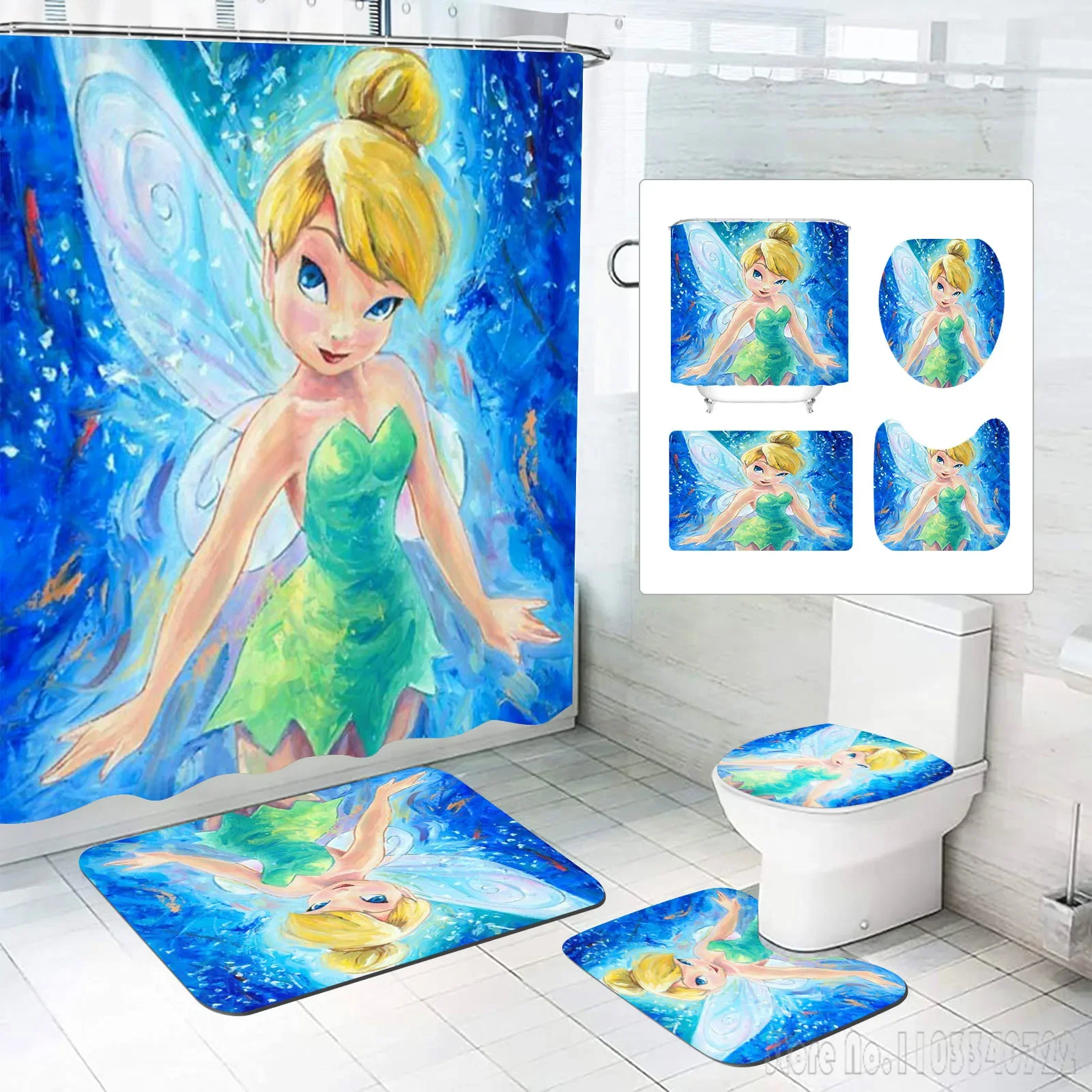 Disney Flower Fairy Bath Shower Curtain Set 4pcs with Hooks Cartoon Decor Waterproof Bathroom Toilet Mat Lid