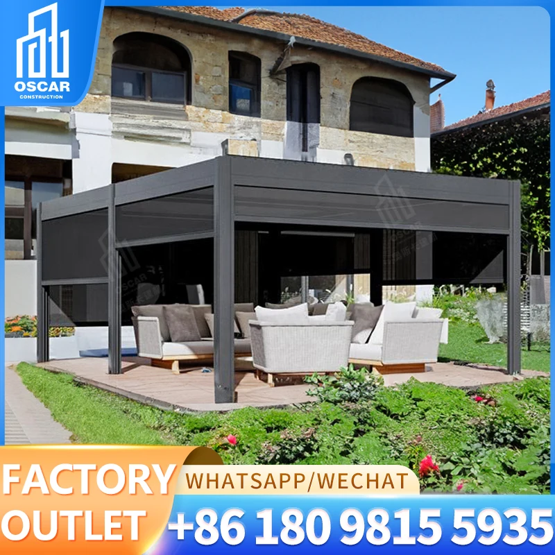 Custom Rainproof Pergola Roof Awing Motorized Freestanding Pergola Aluminium Outdoor Retractable Terrace Pergola