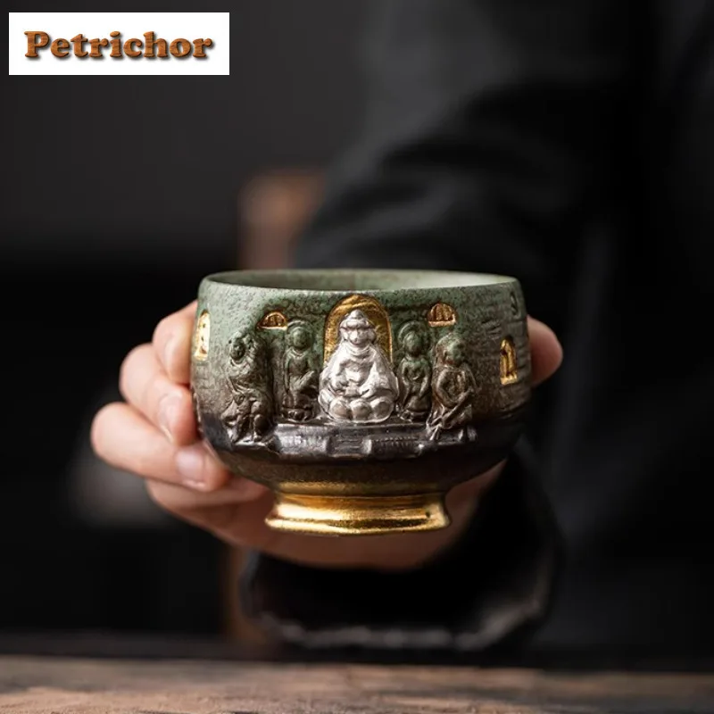 160ml Wabi-sabi Style Longmen Grottoes Buddha Teacup Retro Tea Bowl Mug Tea-tasting Personal Cup Chazhan Master Cups Tea Service