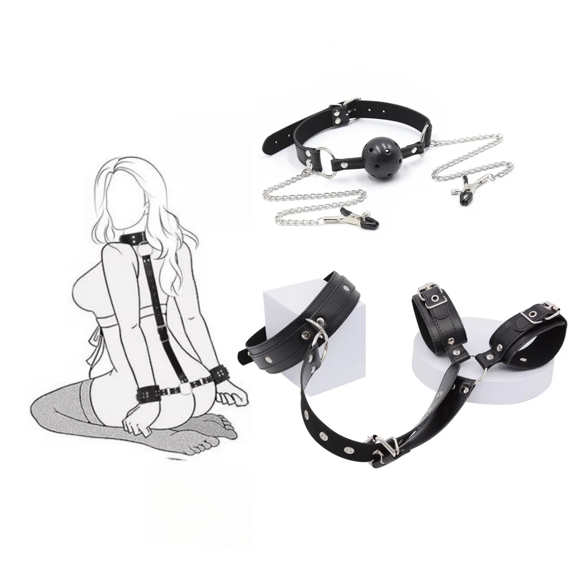 Verstelbare bondagebanden, SM-seksspeeltjesset voor stellen, polsboeien, BDSM-bondage, leren nekboeien met tepelklem en mondknevel._voghion.com