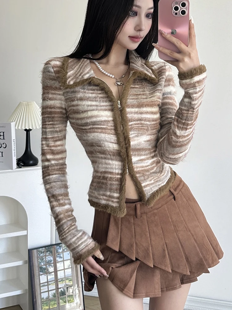 Rockmore Striped Knit Sweater Cardigan Y2K High Street Women Autumn Turn-down Collar Zipper Sweaters Coat Female Casual Korean