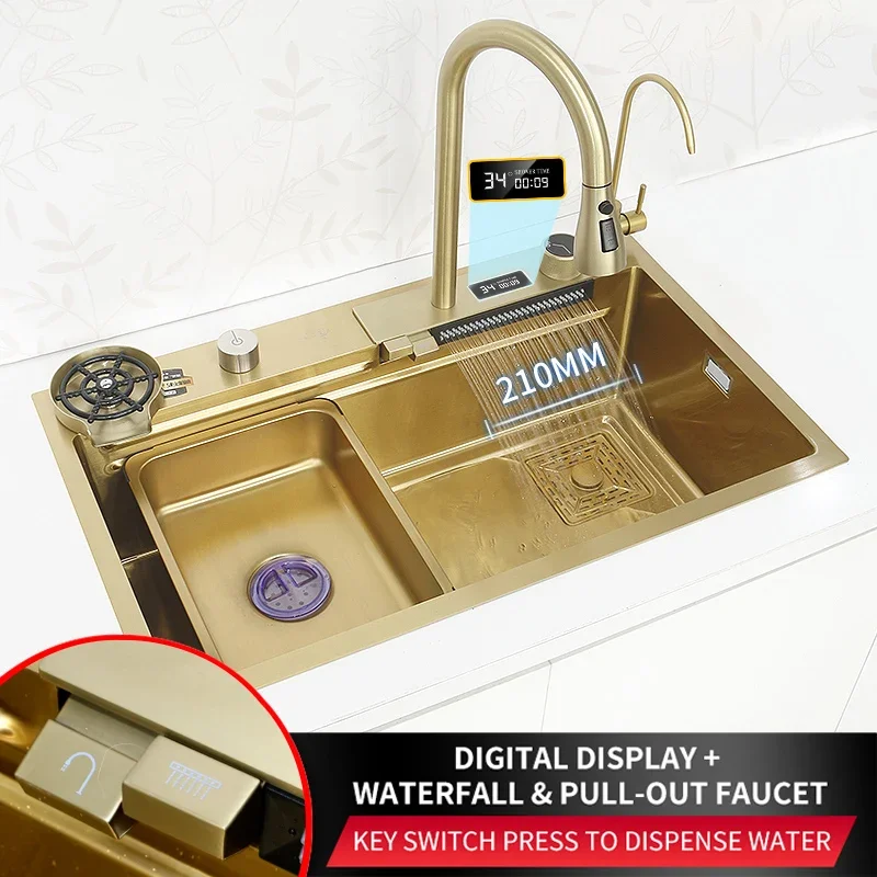 Waterfall Kitchen  Gold Stainless Steel  Faucet Nano Large Size Wash Basin Multi Function  Dishwasher