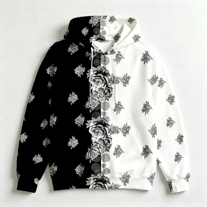 Men Zip Hooded Sweatshirt 3D Floral Rose Dot Botanical Print Drawstring Fashion Outer Garment For Male