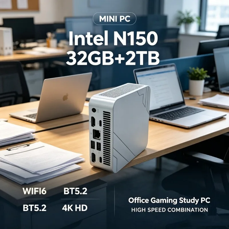 Portable Compact Silver Mini Desktop PC Intel Core N150 16GB 2TB SSD WiFi6 Windows 11 Mini PC for Home Office Gaming Study