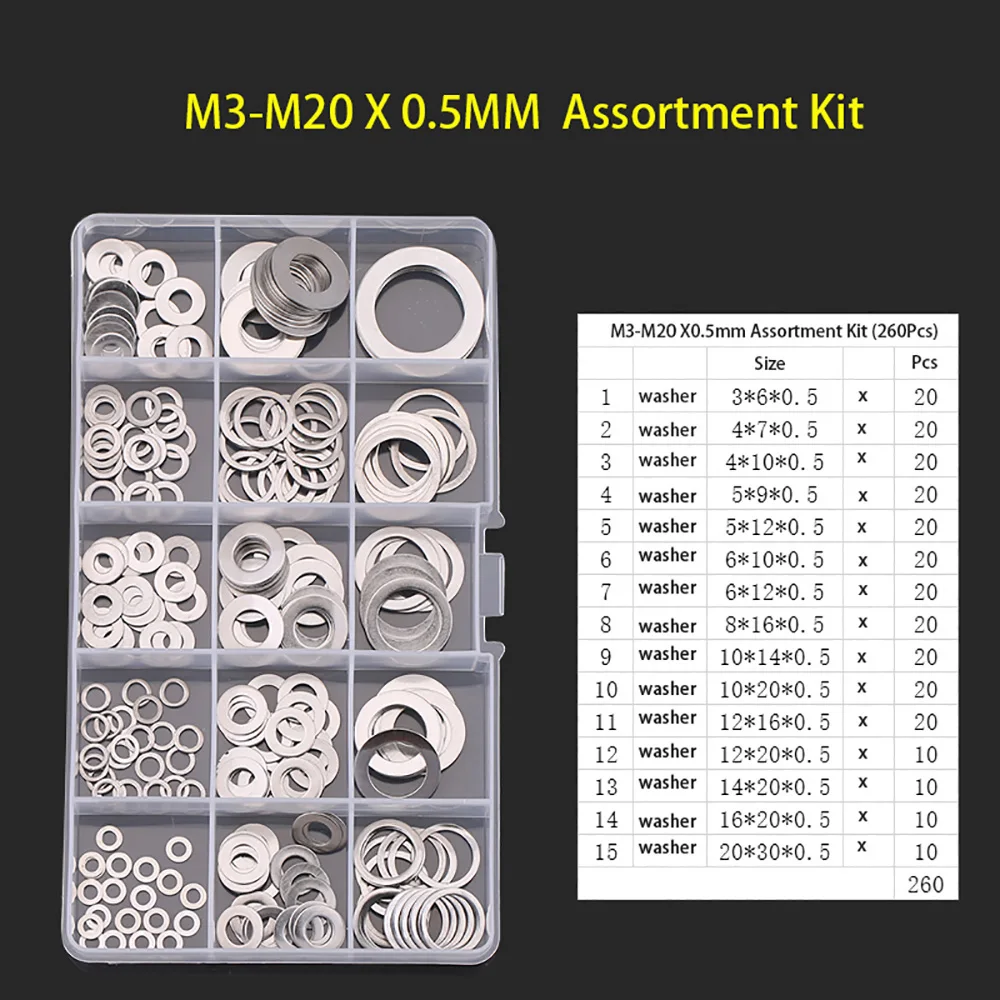 

M3-M20 Machine Flat Washers Gaskets Set Thickness 0.5/0.8/1.0mm 304 Stainless Steel Flat Washer Plain Gasket Assortment Kit Set