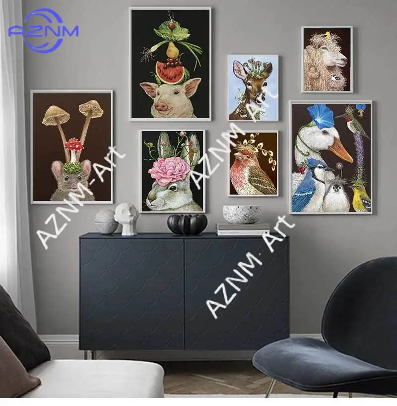 Kaninchen, Vogel, Ente und Schaf, Leinwandgemälde, Wandkunst, Bilder, Tierposter, Druck, Zeichnung für Wohnzimmer, Heimdekoration