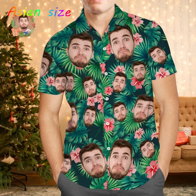 مخصص الوجه قميص هاواي صيفي للجنسين مضحك شخصية ثلاثية الأبعاد طباعة زر قمصان شجرة بلام قصيرة الأكمام التلبيب قمصان DIY البلوزات القمم