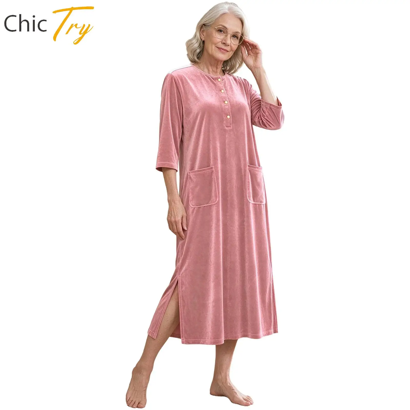 Women Special Need Adaptive Clothing Elderly Alzheimer Dementia Button-up Collar Anti-Strip Nursing Dress Homewear Sleepwear