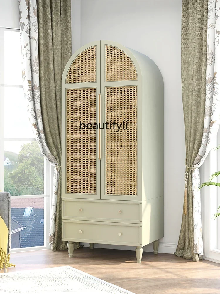 

Self-Viewing Original Rattan Wardrobe Simple Solid Wood Bedroom Clothing Storage Cabinets Pastoral Style Double-Door Closet