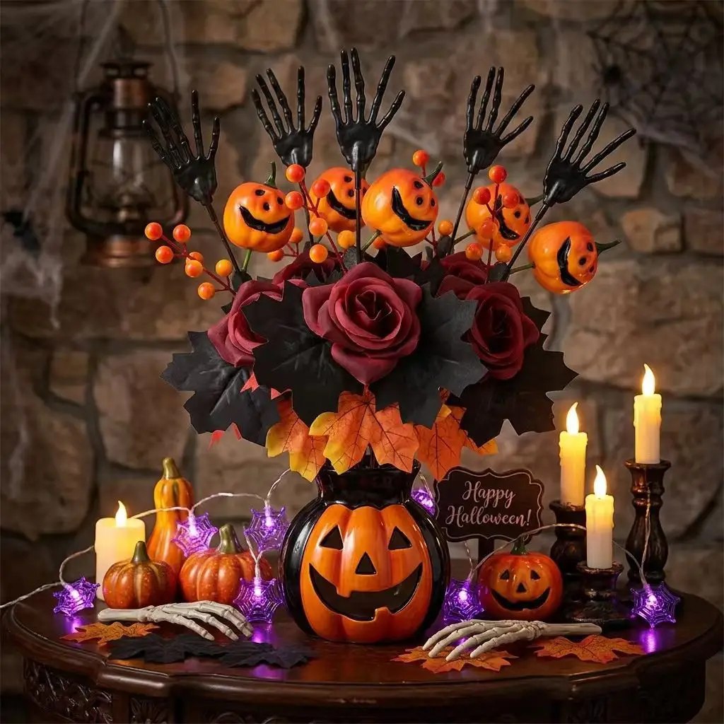 Yannew 8pcs Halloween Black Maple Leaves Rose Branches Stems with Pumpkin Skeleton Berry for Haunted House Gothic Floral Decor - view 3