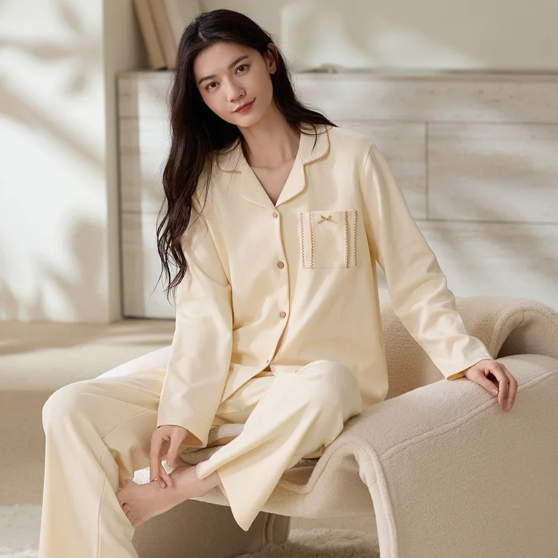 100% Cotton Women Sleepwear Pajamas Set 2Pcs Shirt&pants Nightwear Lapel Print Casual Home Clothes Outdoors Lounge Wear